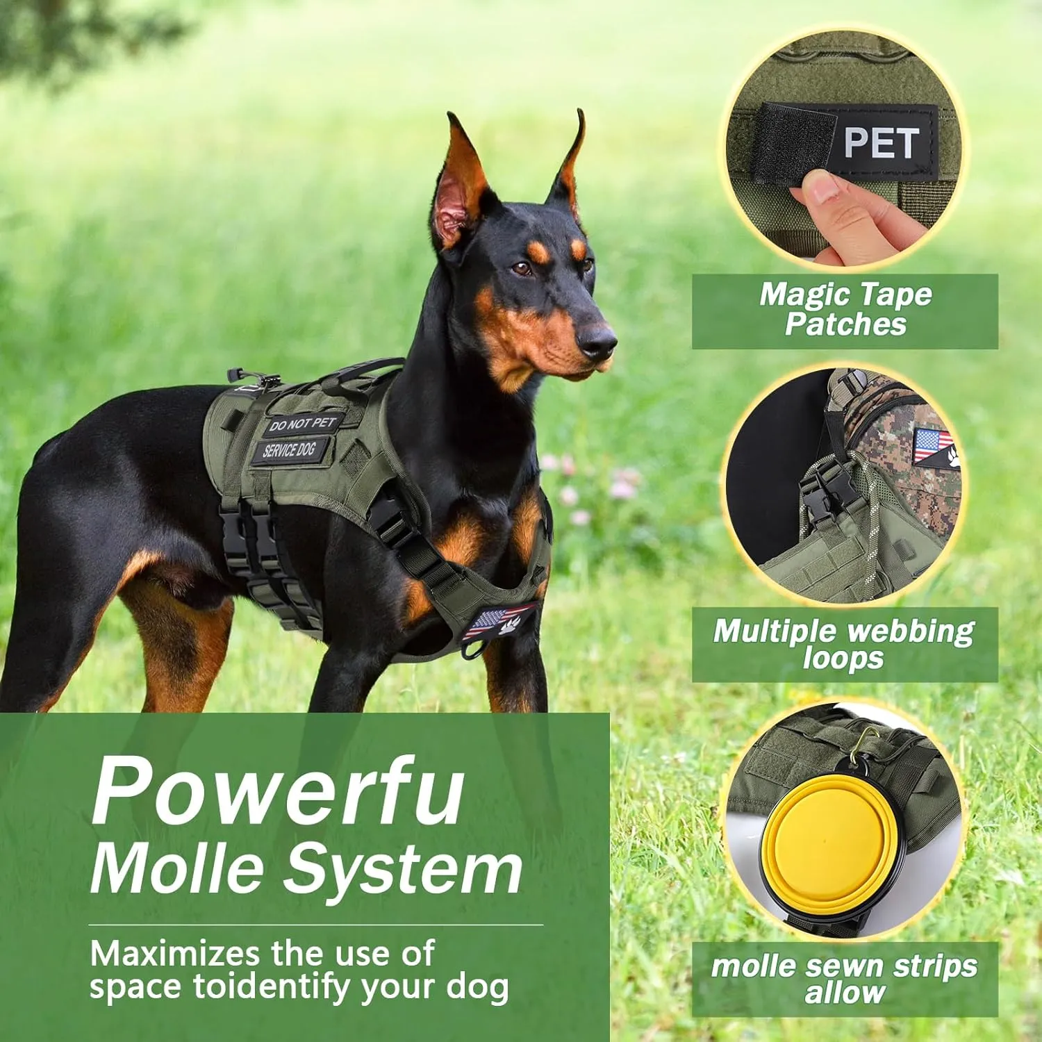 No Pull Tactical Dog Harness for Large Dogs, Escape Proof Molle Dog Vest Harness and Leash Set, Adjustable Military Service Dog Harness with Handle for Medium Large Dogs(Green, M)