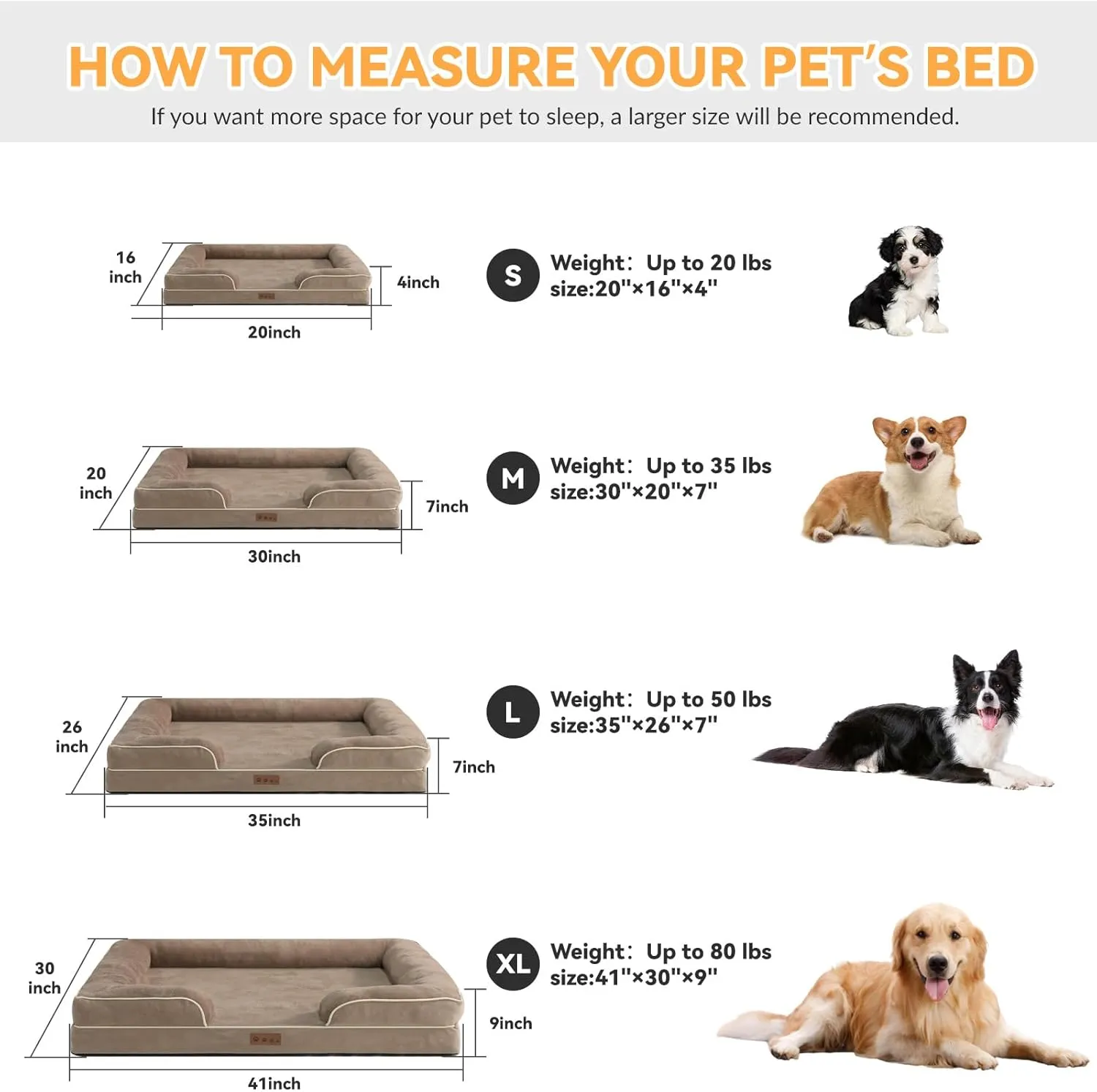 Orthopedic Dog Bed for Medium Dogs Waterproof Memory Foam Pet Beds with Nonskid Bottom Washable Dog Couch Bed with Washable Removable Cover Khaki