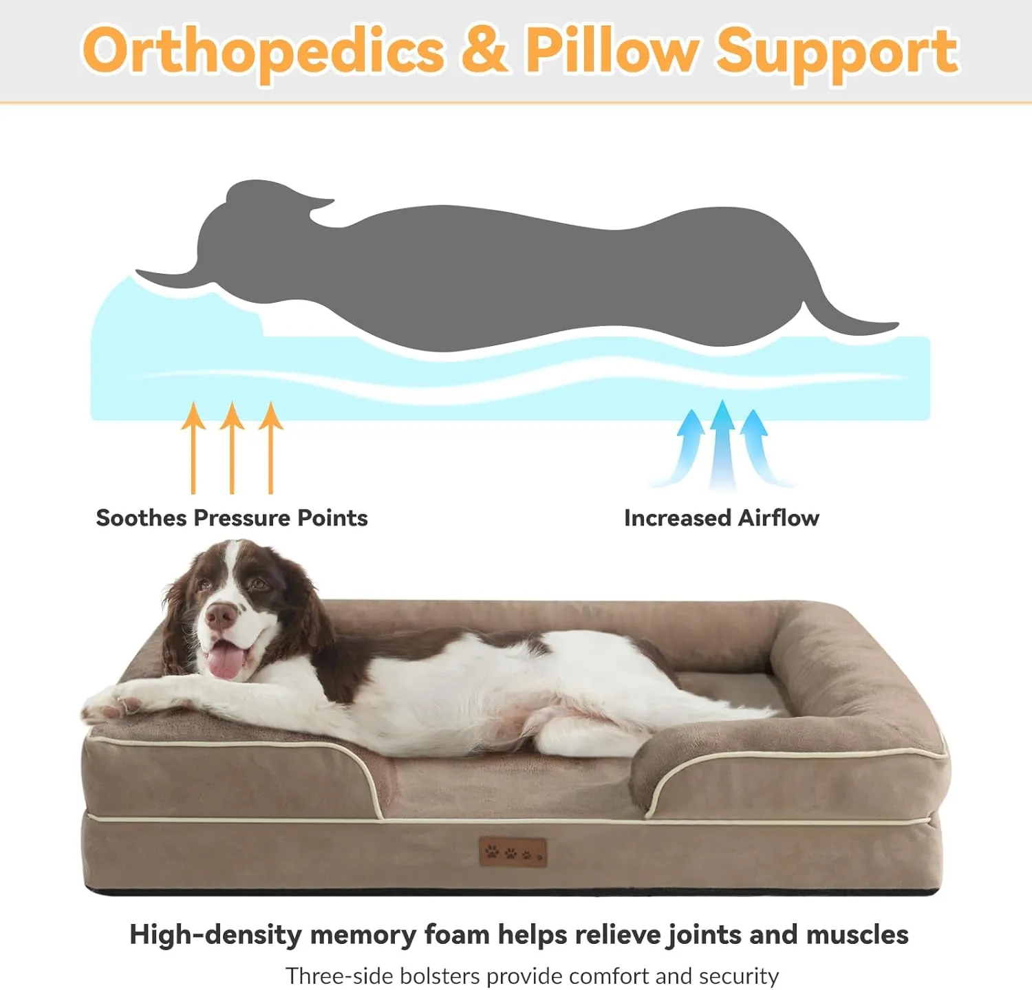 Orthopedic Dog Bed for Medium Dogs Waterproof Memory Foam Pet Beds with Nonskid Bottom Washable Dog Couch Bed with Washable Removable Cover Khaki