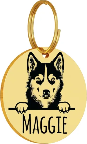 PawFurEver Dog Tags Personalized with Breed Design - Custom Dog Tags for Pets - Dog ID Tags Personalized for Pets - Stainless Steel Dog Collar Tag - Pet Name Tags for Dogs (Circle, Gold)