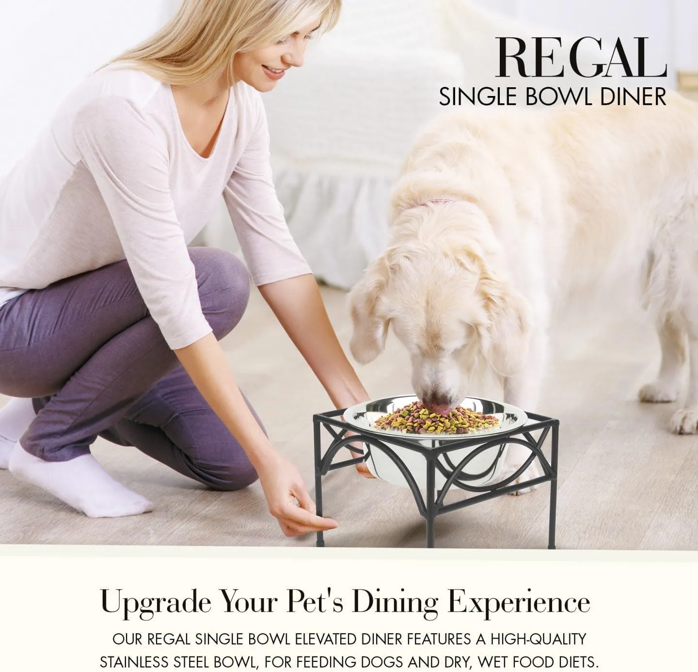 Regal Single Bowl Raised Feeder - Elevated Feeding Station - Metal, Wrought Iron Dog Bowl, Best Single Diner, Pet Bowl for Small, Medium, Large and XL Dogs - NMN Designs (Large - 12" Tall)