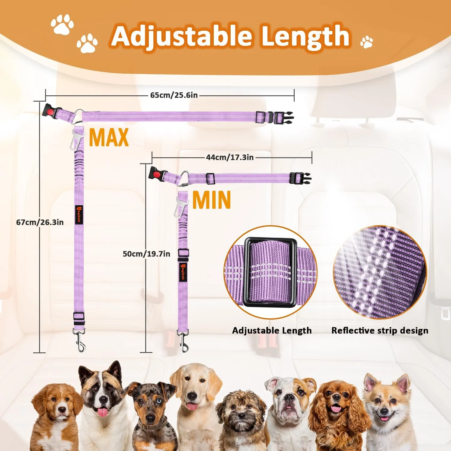 Removable Dog Seat Belt Harness for Car, 3 in 1 Pet Dog Car Seatbelt Leash, Retractable Restraint Secures to Vehicle Headrest & Adjustable Reflective Bungee Dog Seatbelt Tether, Purple