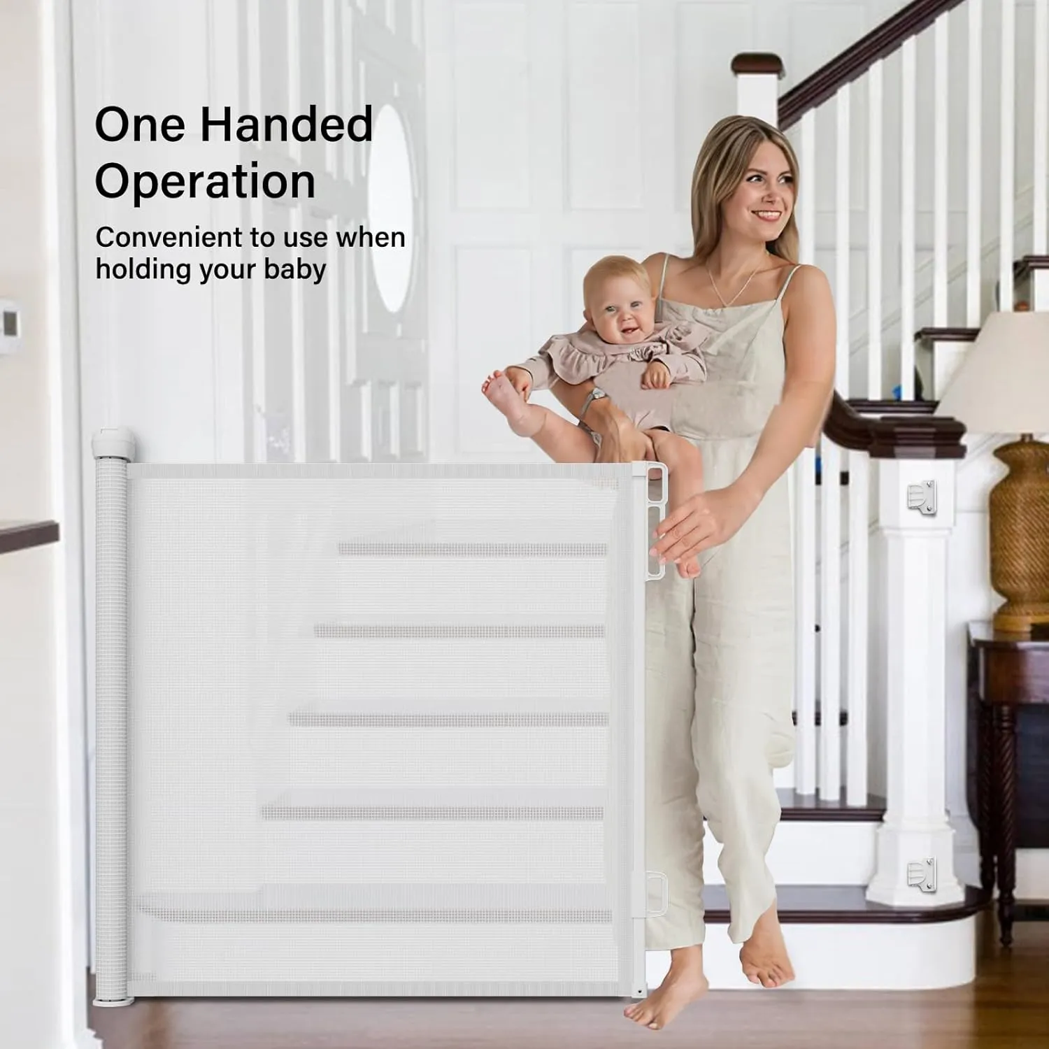 Retractable Baby Gates for Doorways, PRObebi Retractable Dog Gate for Stairs Extends to 54" Wide 34" Tall, Mesh Baby Gate, Gates for Dogs Indoor, Suitable for Hallways, Doorways, Deck, Porch (White)