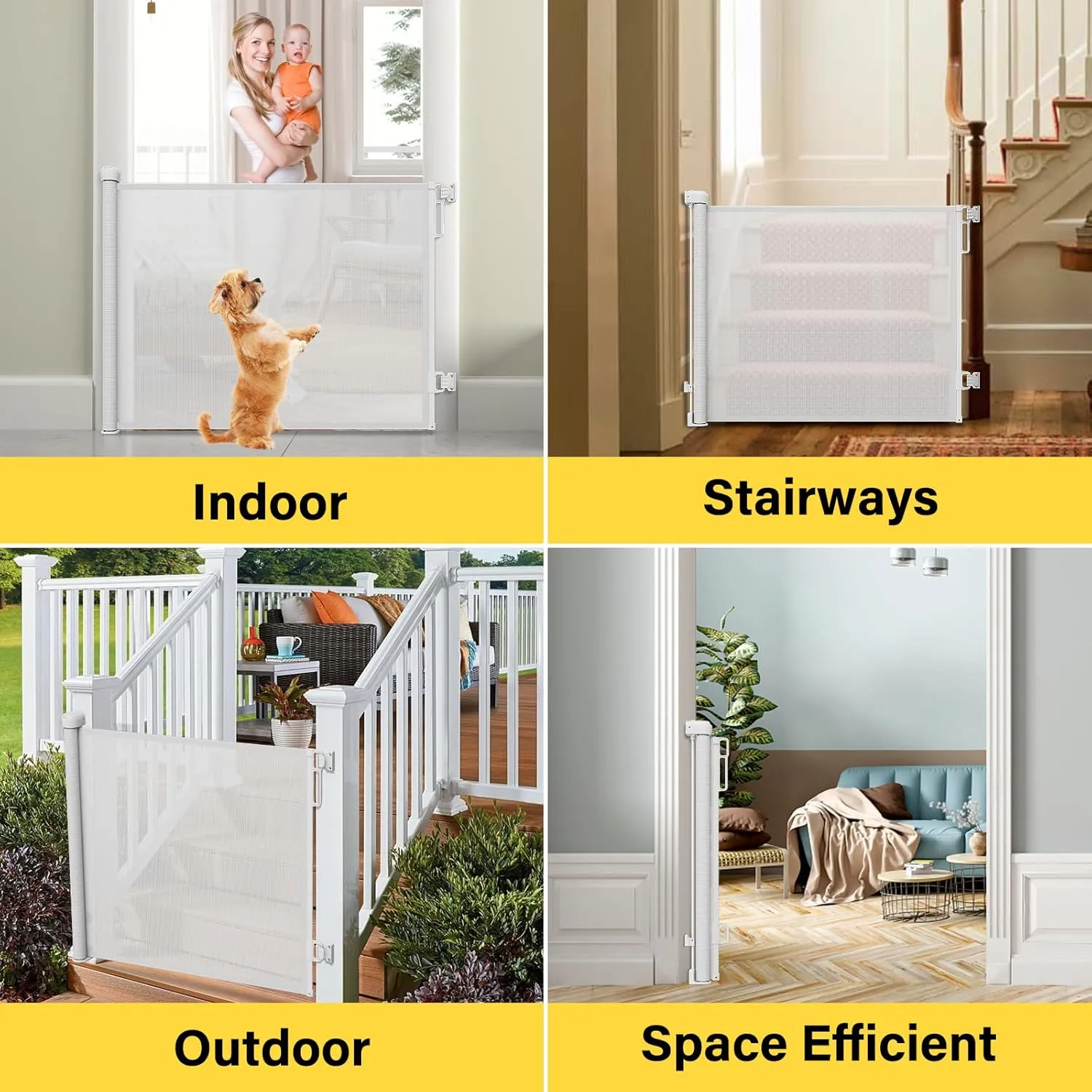Retractable Baby Gates for Doorways, PRObebi Retractable Dog Gate for Stairs Extends to 54" Wide 34" Tall, Mesh Baby Gate, Gates for Dogs Indoor, Suitable for Hallways, Doorways, Deck, Porch (White)