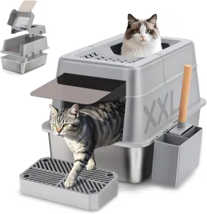 Stainless Steel Cat Litter Box with 110 Flip-Top Lid, XXL Large Enclosed Metal Litter Box for Big Cats with Scoop & Pedal, Removable Lid -Odor Control, Non-Stick Surface, Front Entry Top Exit (Grey)
