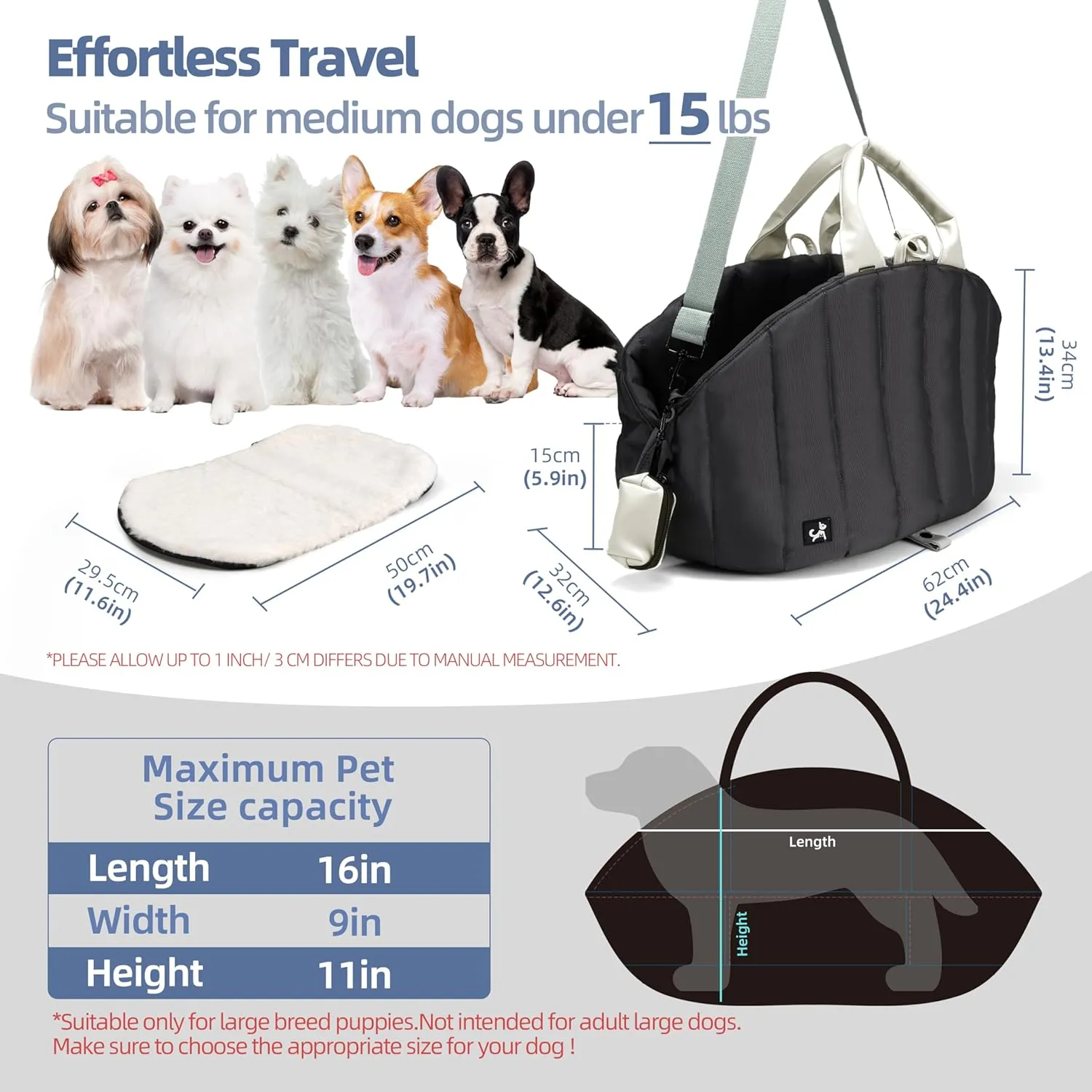 Sytopia Dog Bag Carrier for Small and Medium Dogs, Waterproof and Washable, Travel Pets Purse up to 15 Lbs, Car Seat & Bed, Adjustable Leashes, Monet Grey
