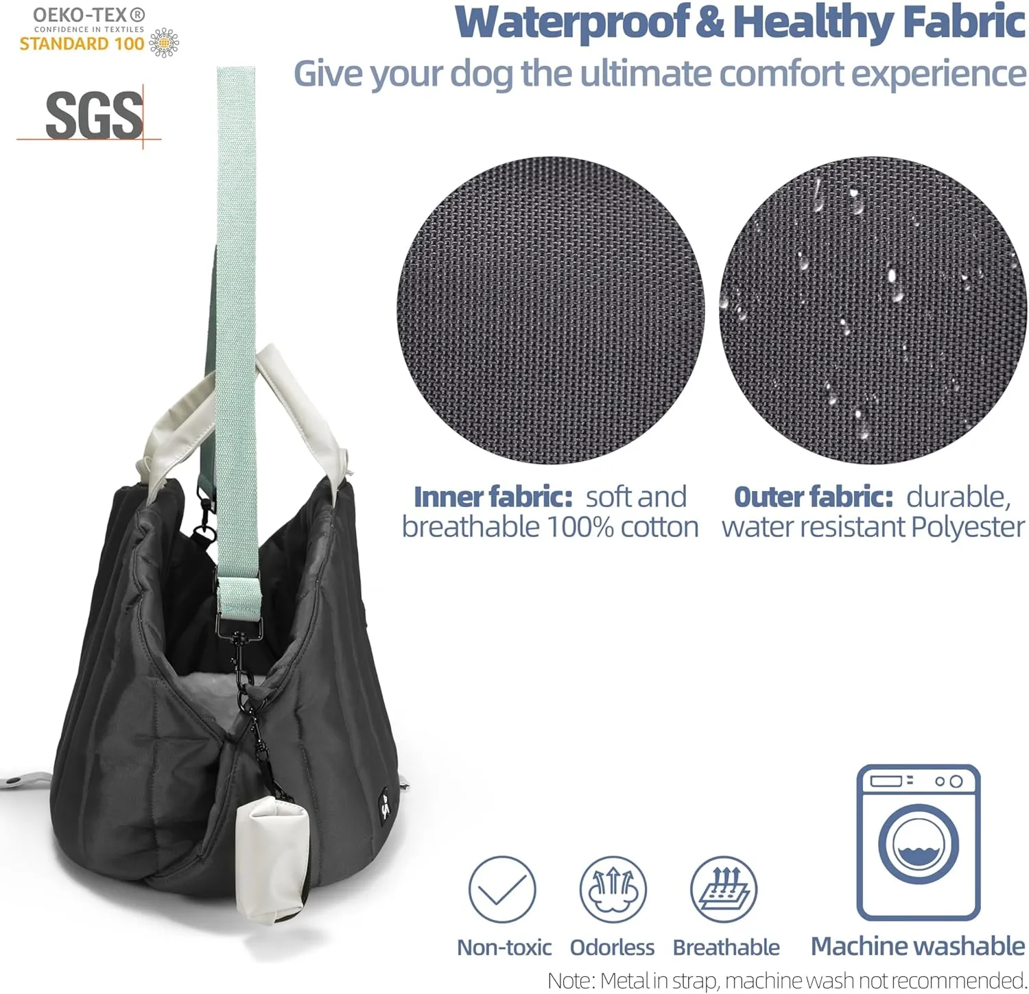 Sytopia Dog Bag Carrier for Small and Medium Dogs, Waterproof and Washable, Travel Pets Purse up to 15 Lbs, Car Seat & Bed, Adjustable Leashes, Monet Grey