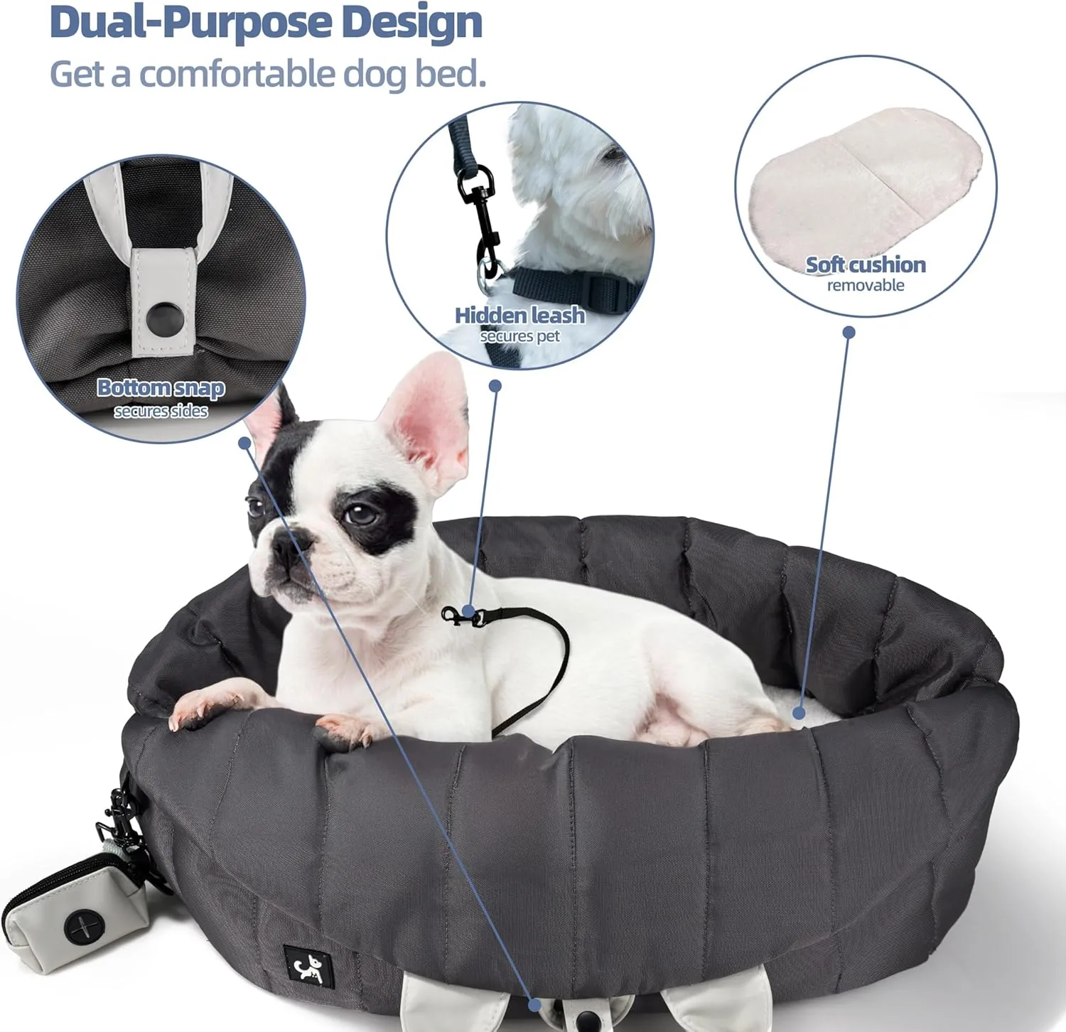 Sytopia Dog Bag Carrier for Small and Medium Dogs, Waterproof and Washable, Travel Pets Purse up to 15 Lbs, Car Seat & Bed, Adjustable Leashes, Monet Grey