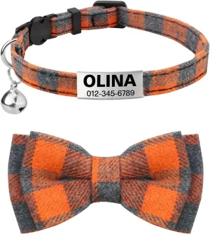 TagME Cat Collar with Name Tag, Personalized Breakaway Kitten Collar with Cute Bow Tie & Bell, Collars for Animals with Silent Slide On ID Tags, Orange