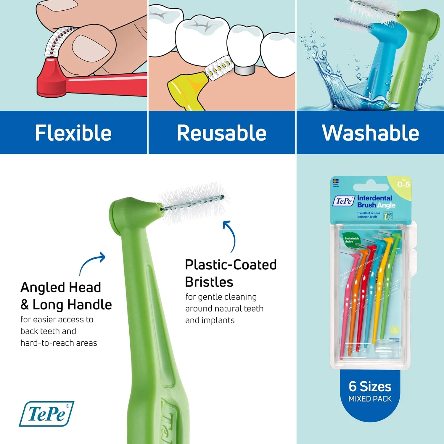 TePe Pack of 6 Interdental Brush Angle, Angled Dental Brush for Teeth Cleaning, Multi Pack