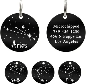 UltraJoys Stainless Steel Pet ID Tag Dog Name Tags Personalized Front and Back Engraving, Customized Dog Tags and Cat Tags, Horoscope Zodiac Stars Dog Tag, Round Black Tag with Aries Design, Large