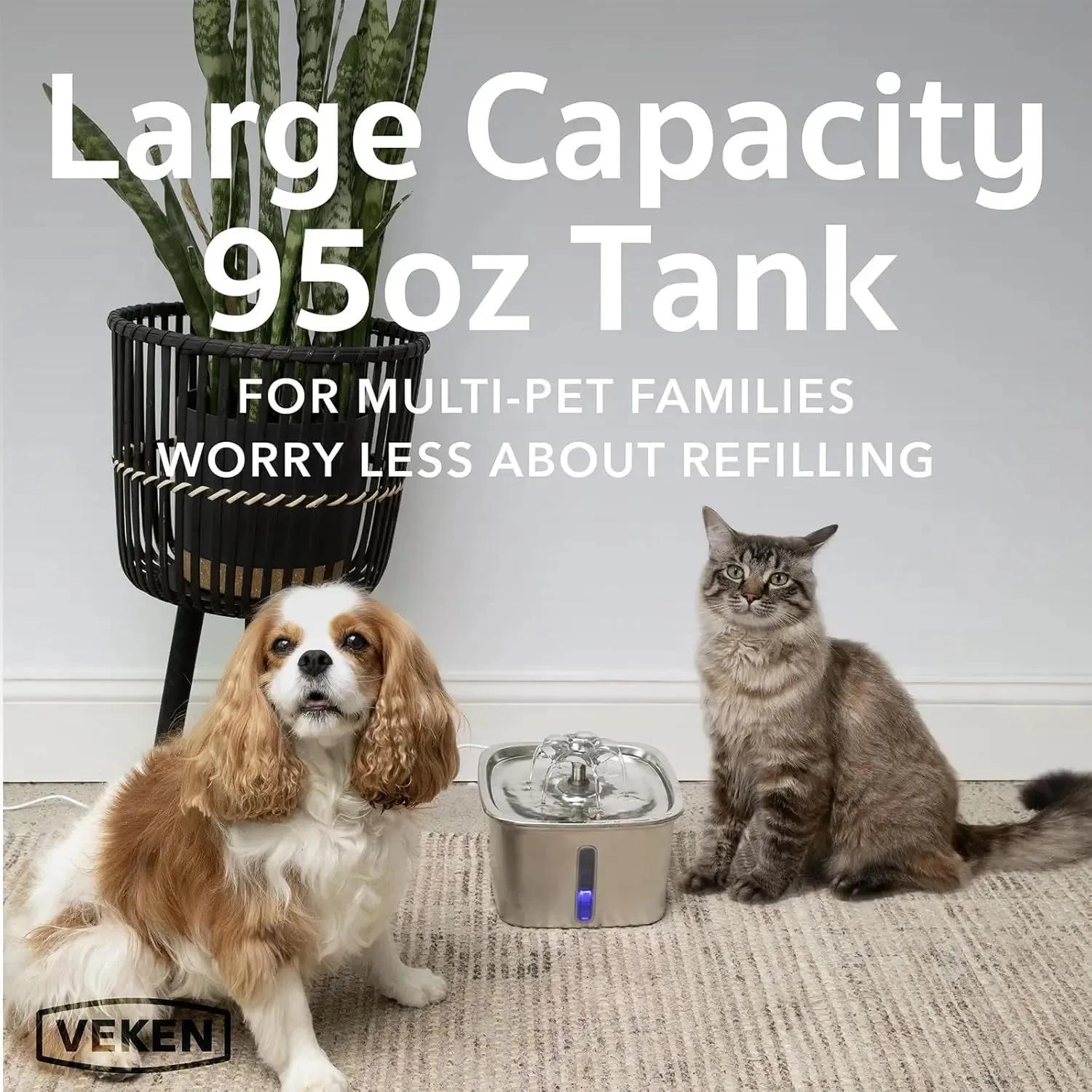 Veken Stainless Steel Cat Water Fountain – 95oz Auto Dispenser for Pets
