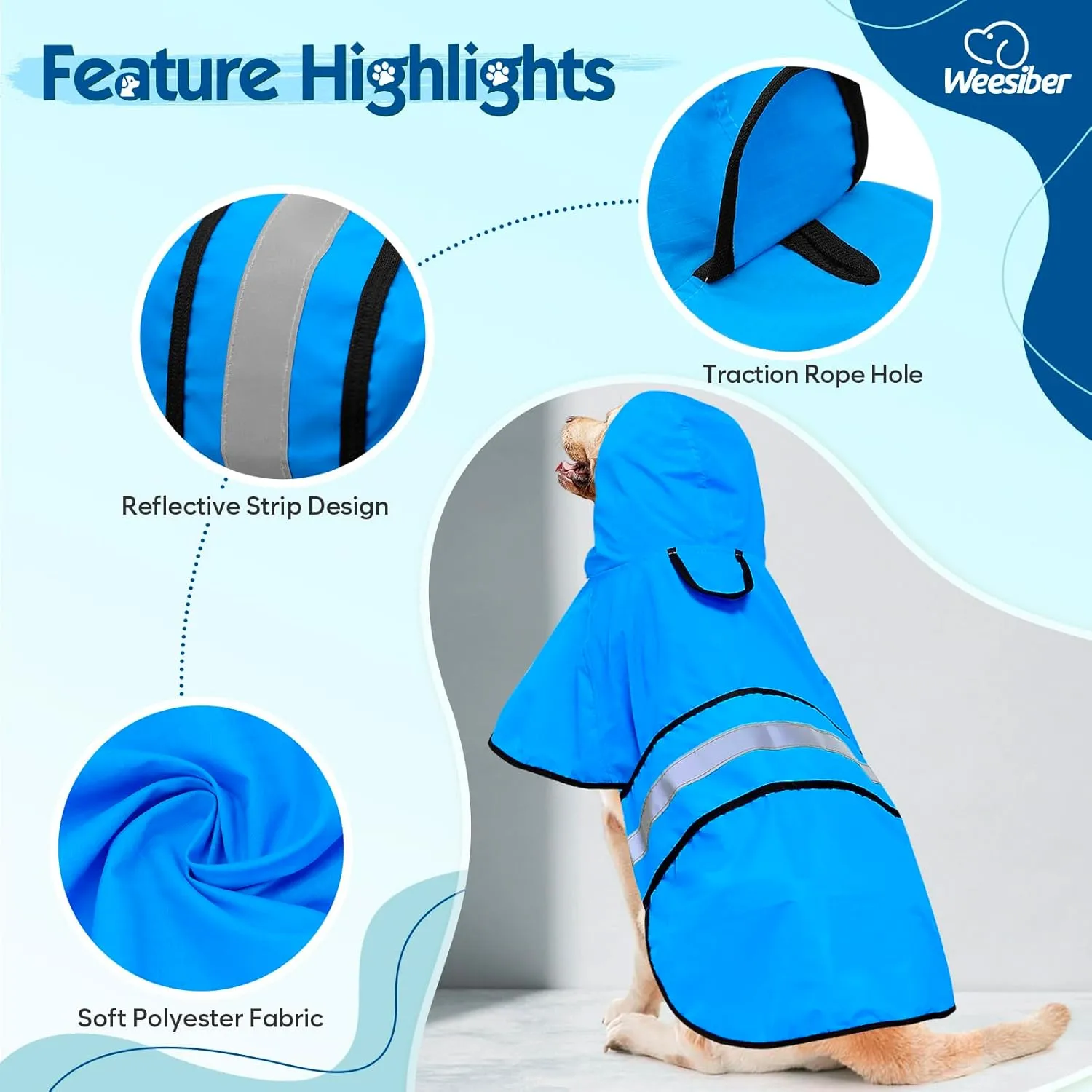 Weesiber Dog Raincoat, Adjustable Dog Rain Jacket Hooded Poncho Slicker, Reflective Pet Rain Coat for Walking (L, Blue)