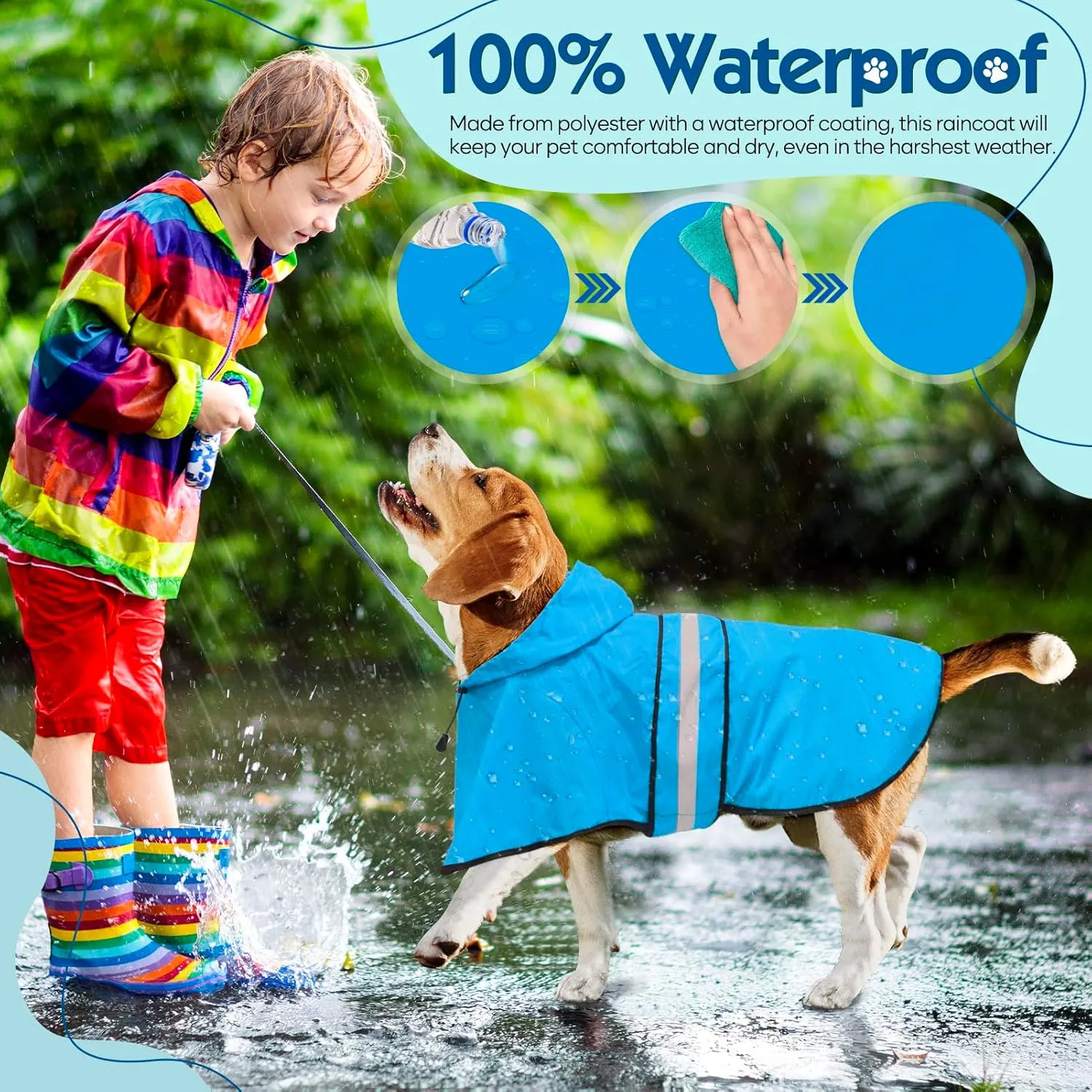 Weesiber Dog Raincoat, Adjustable Dog Rain Jacket Hooded Poncho Slicker, Reflective Pet Rain Coat for Walking (L, Blue)