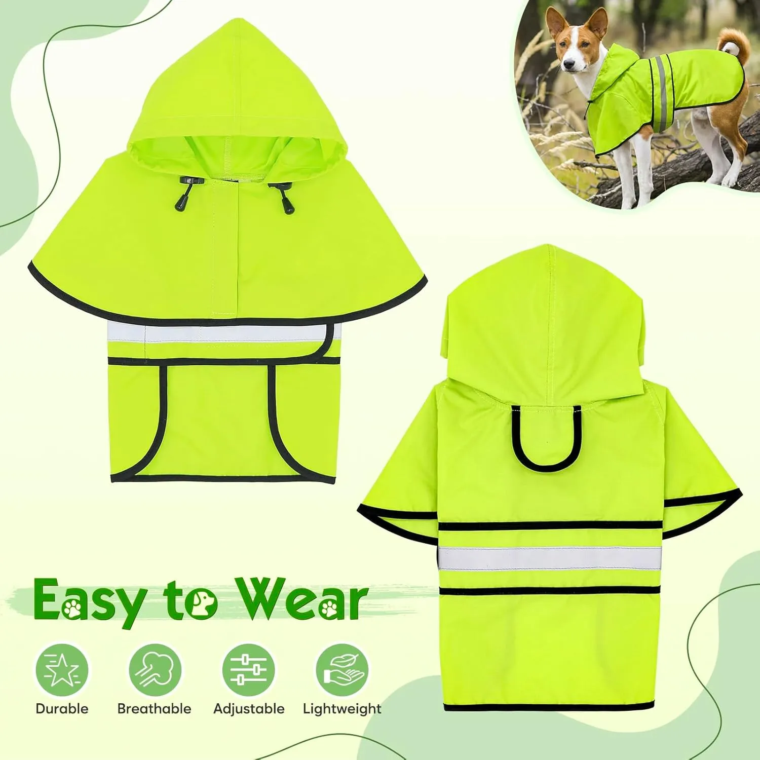 Weesiber Dog Raincoat, Adjustable Waterproof Dog Rain Jacket Poncho with Reflective Strip and Leash Hole, Lightweight Pet Rain Coat for Small to X-Large Doggos (M, Green)