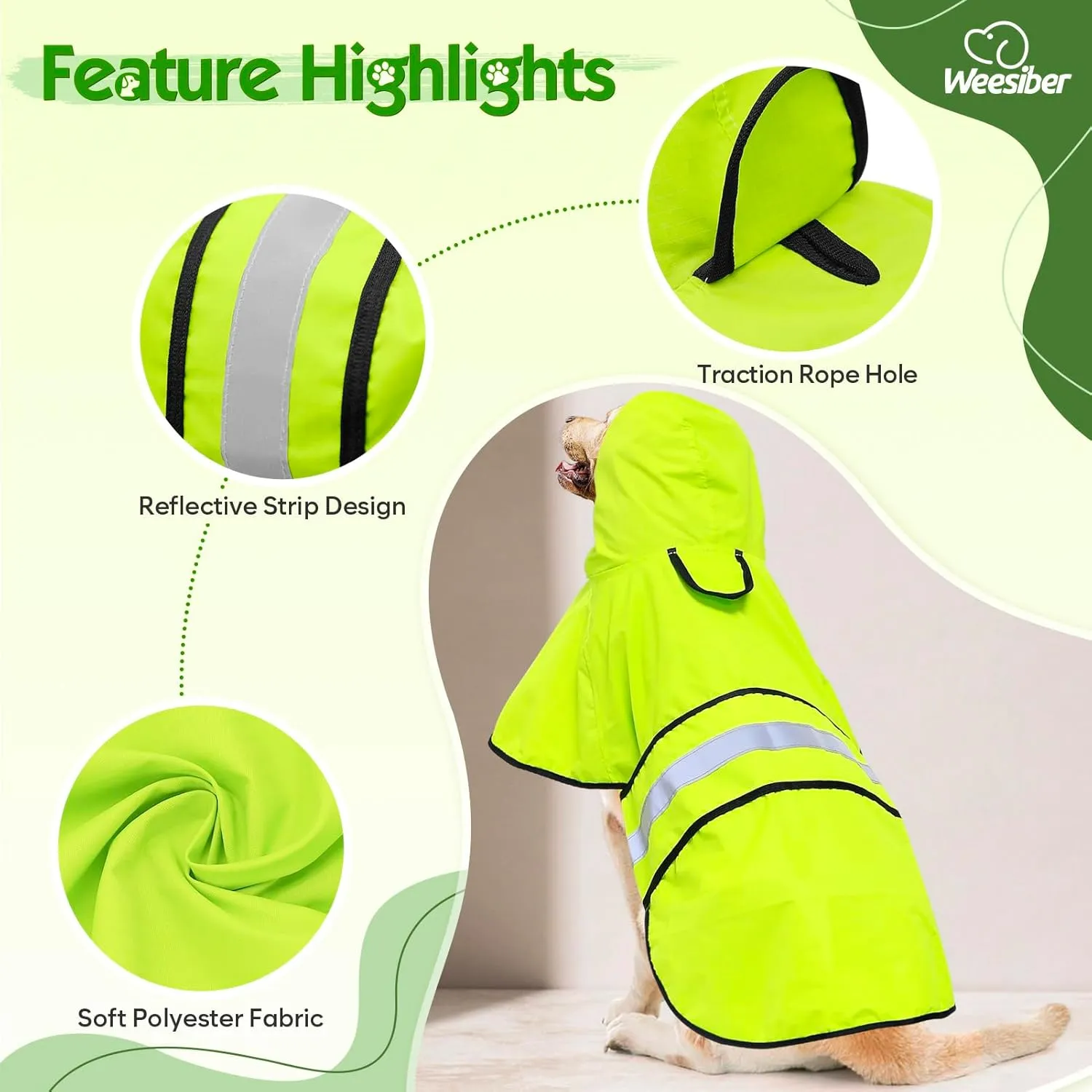 Weesiber Dog Raincoat, Adjustable Waterproof Dog Rain Jacket Poncho with Reflective Strip and Leash Hole, Lightweight Pet Rain Coat for Small to X-Large Doggos (M, Green)