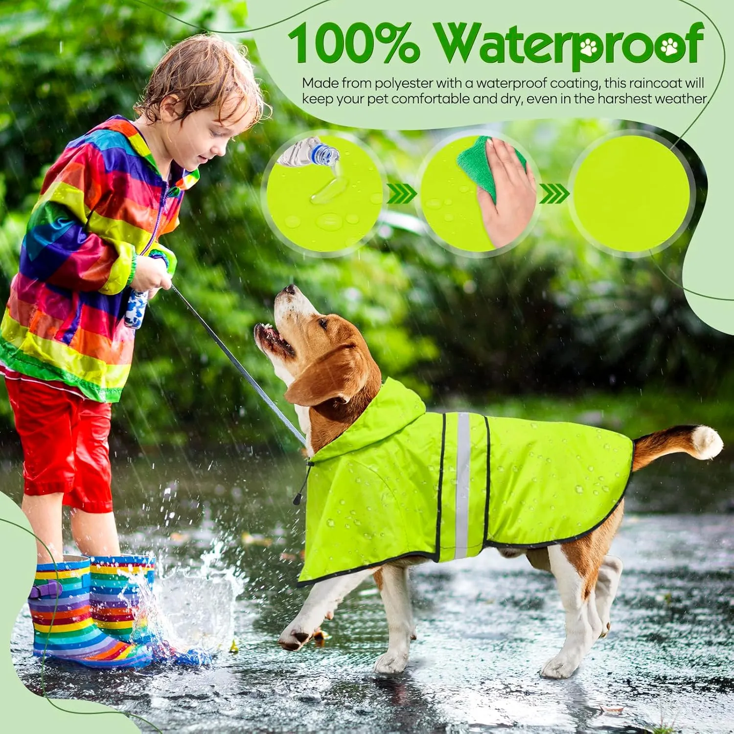 Weesiber Dog Raincoat, Adjustable Waterproof Dog Rain Jacket Poncho with Reflective Strip and Leash Hole, Lightweight Pet Rain Coat for Small to X-Large Doggos (M, Green)