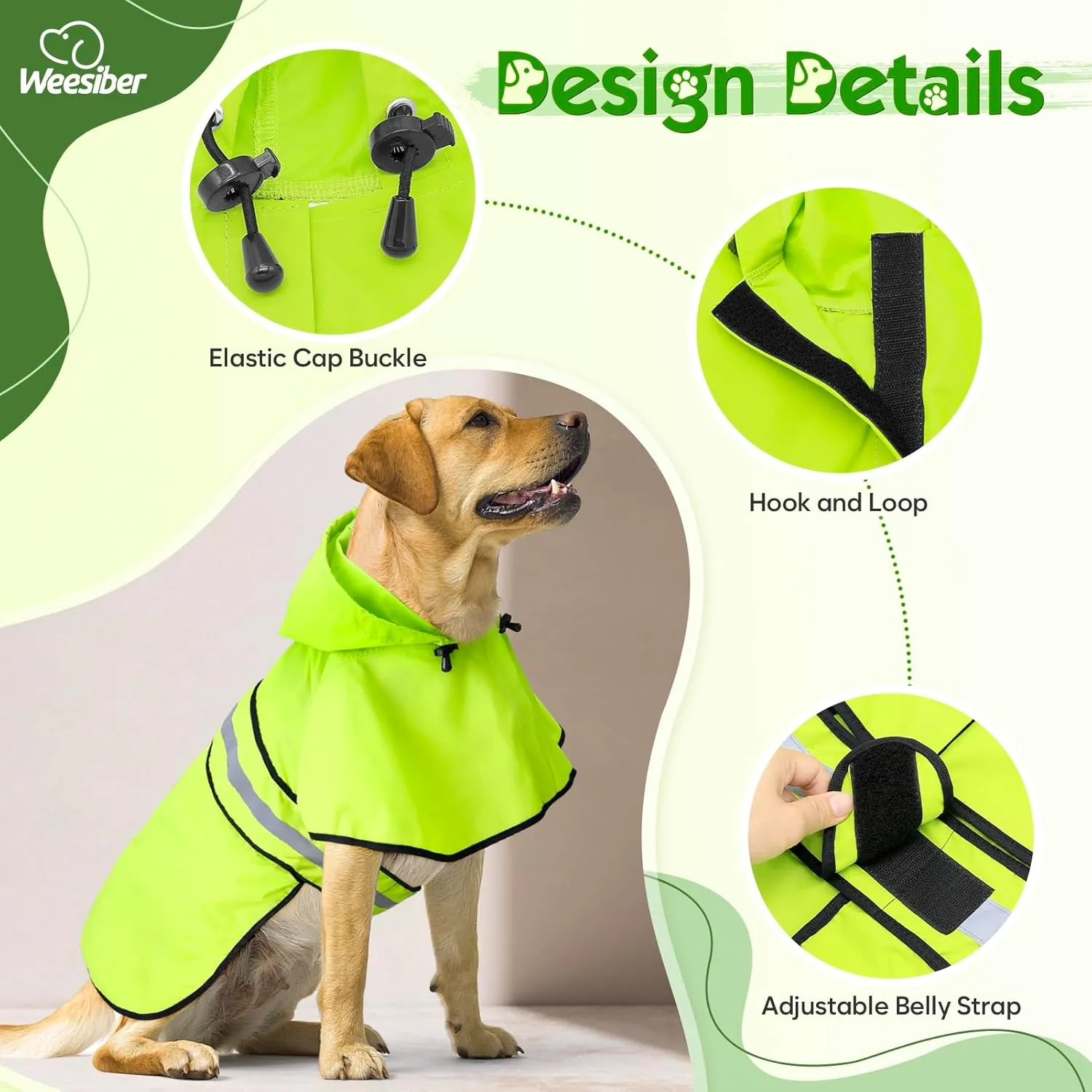 Weesiber Dog Raincoat, Adjustable Waterproof Dog Rain Jacket Poncho with Reflective Strip and Leash Hole, Lightweight Pet Rain Coat for Small to X-Large Doggos (M, Green)